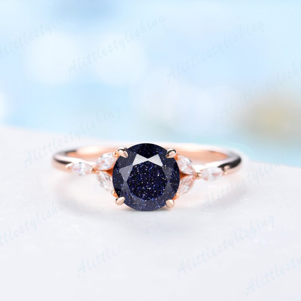 Unique Blue Sandstone Engagement Ring Rose Gold Star Galaxy Wedding Bridal Promise Women Moissanite Anniversary Gift For Her