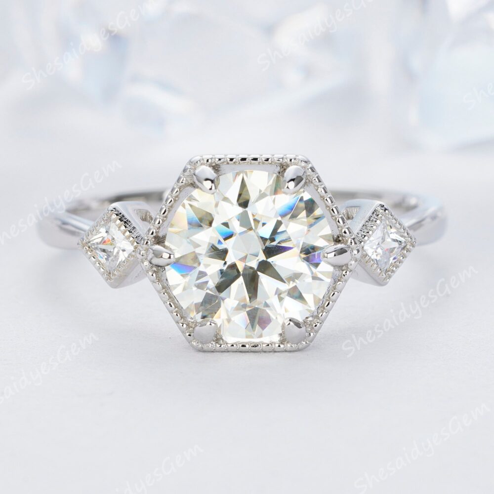 2 Carat Round Moissanite Engagement Ring, Vintage Wedding Promise Ring, 14K White Gold Anniversary Ring Gift For Her
