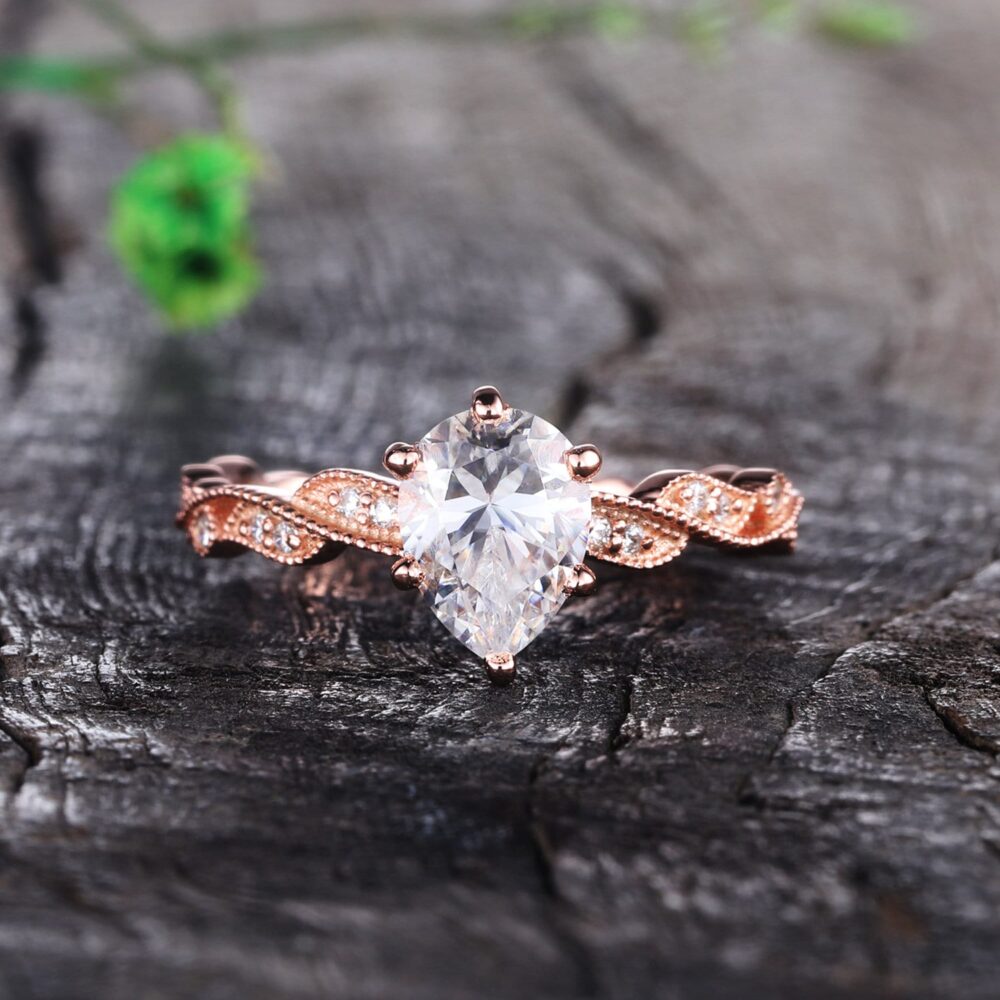 14K Solid Rose Gold Engagement Ring, Pear Shaped Moissanite Vintage Unique Wedding Bridal Gift For Women