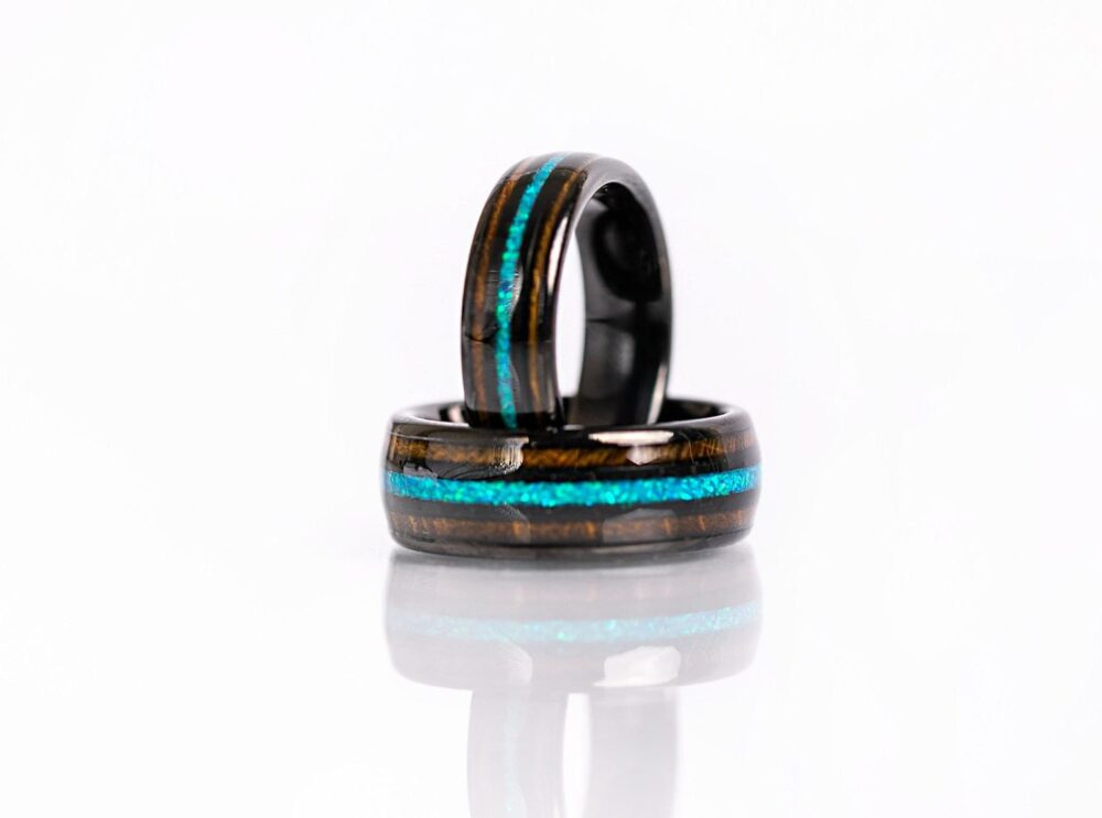 His & Her Ring Set, Black Wedding Band Opal Inlay Rings Tungsten Carbide, Set With Sone Inlay, Wood Set For Couple