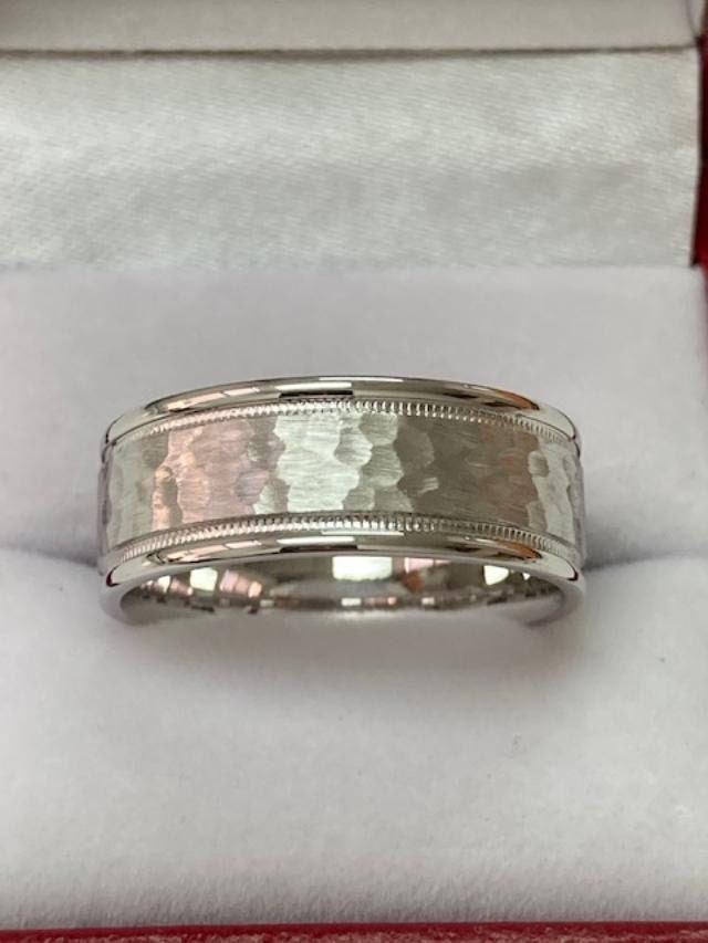 Hammered Finish Milgrain Mens Wedding Band, Ring, 8mm 10K 14K 18K Solid White Gold Bands