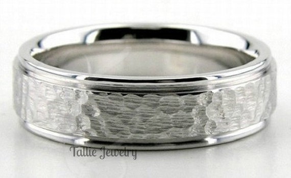 Hammered Finish Mens Wedding Rings, Bands, 6mm 10K 14K 18K Solid White Gold Bands, His & Hers Rings