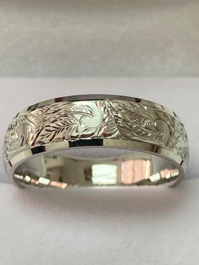 Mens Hand Engraved Wedding Band, Beveled Edge Ring, 7mm 10K 14K 18K Solid White Gold Bands, Comfort Fit