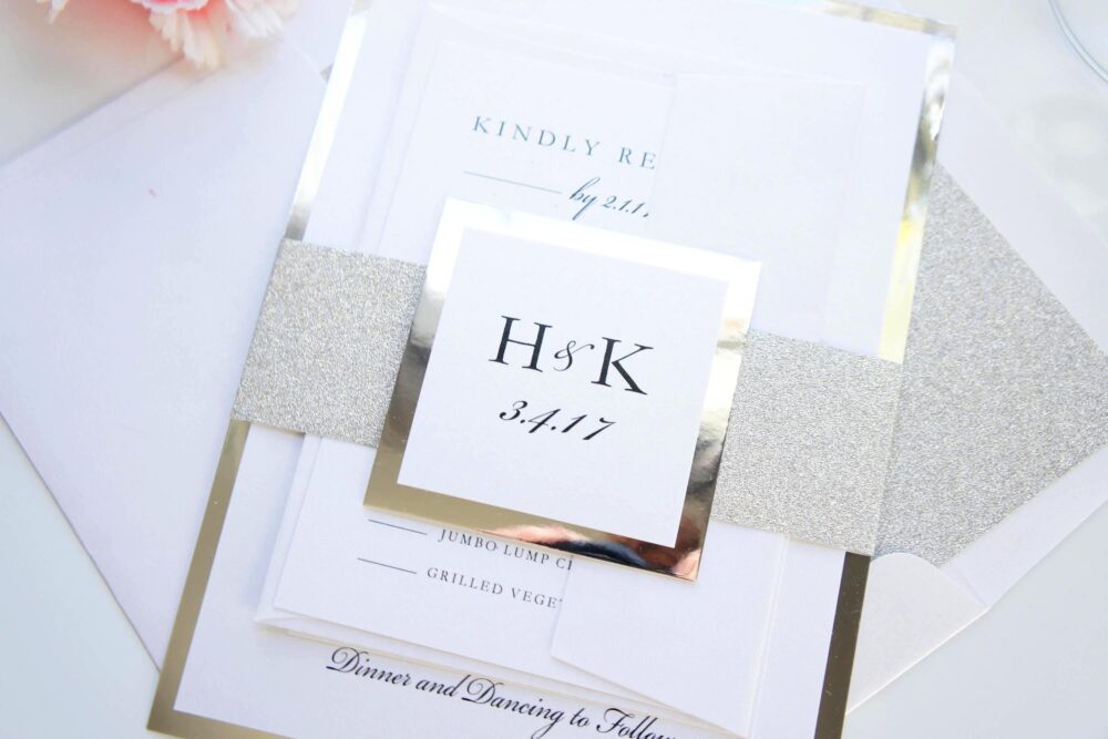 Silver Wedding Invitation Suite Glitter Belly Band Layered Design Elegant Classic Formal Invite