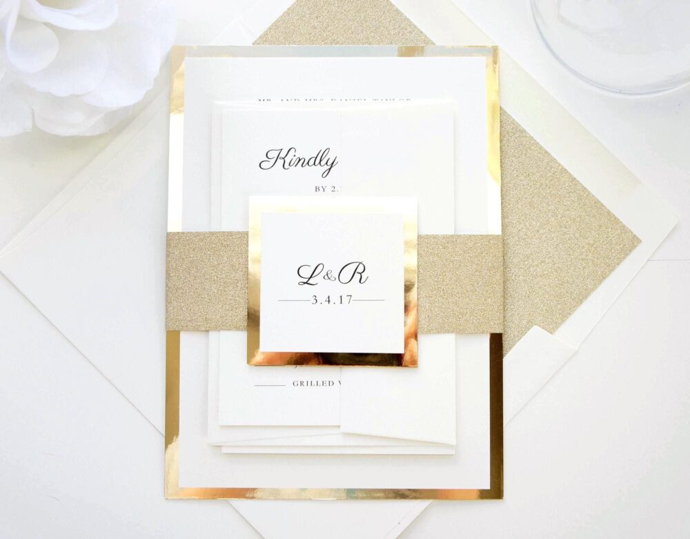 Gold Wedding Invitation Suite Glitter Belly Band Layered Design Elegant Classic Formal Invite