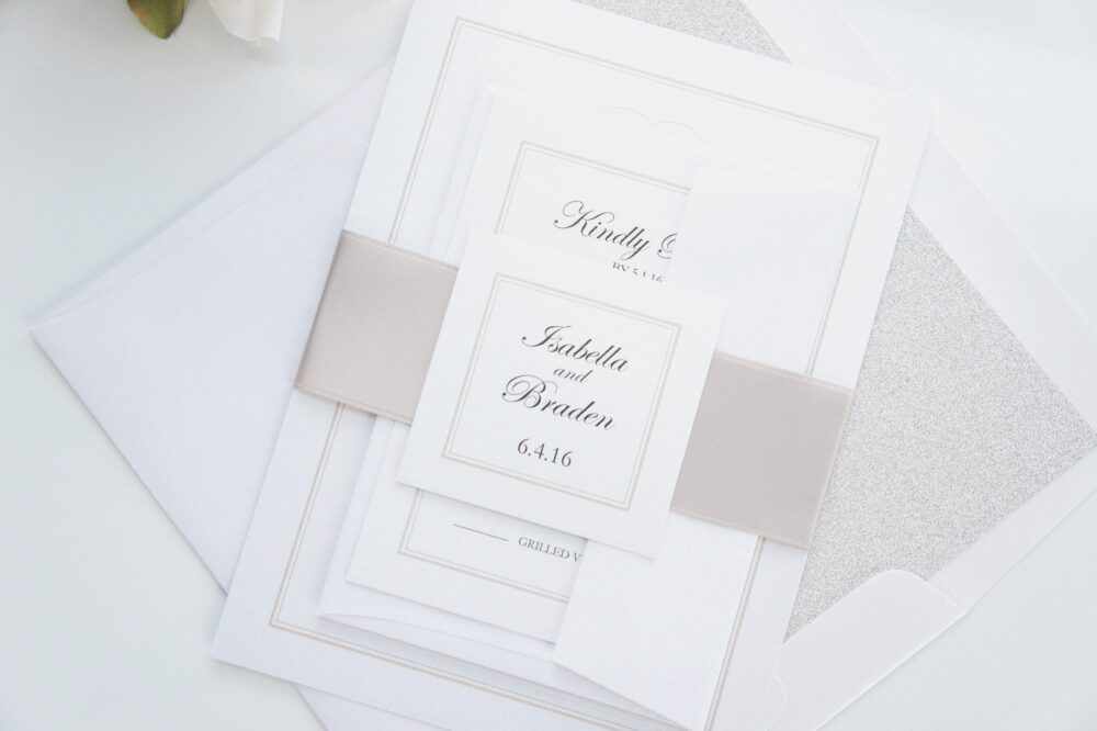 Champagne Beige Wedding Invitation Suite Deposit Luxury Elegant Formal Neutral Invite