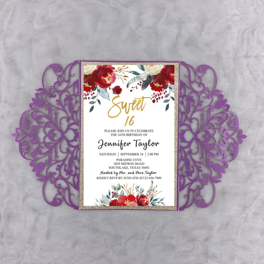 Laser Cut Wedding Invitation, Purple&gray Laser Invitations & Inserts Quinceañera Sweet 16 Invitation