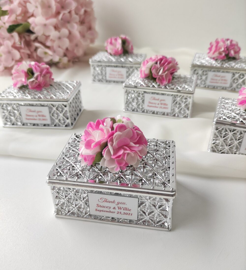 Personalized Wedding Favor Boxes, Silver Embossed Plastic With Flowers