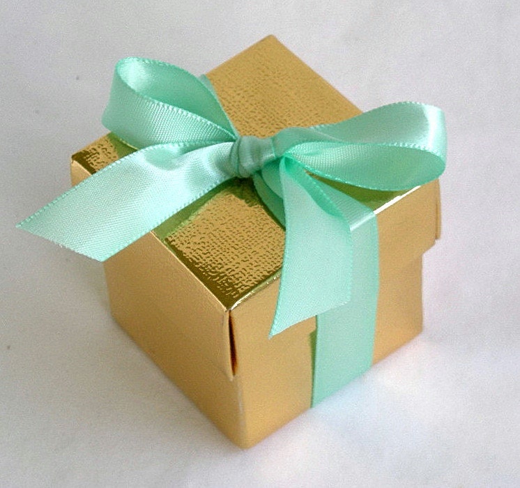 Wedding Favor Box Boxes Gold Metallic Mint Green Reception Baby Shower 2 X W Lids & Ribbon Any Color Custom