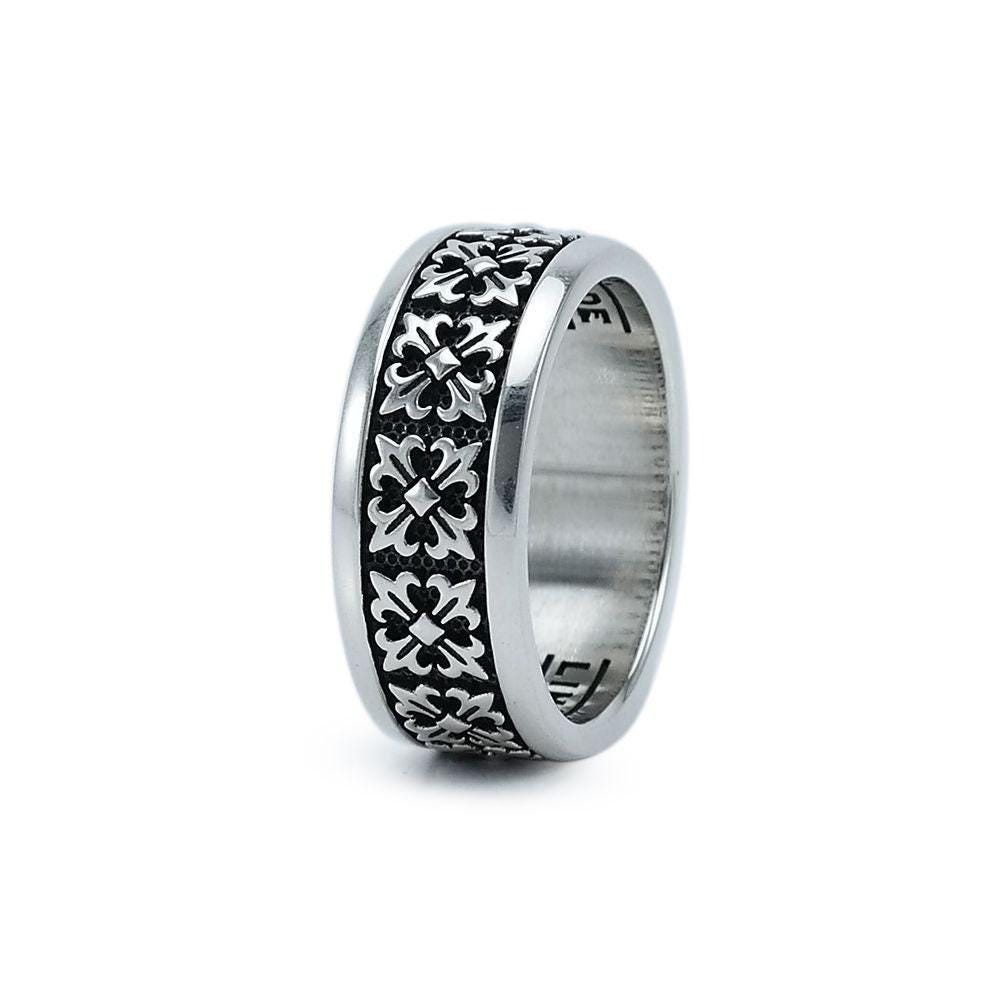 Medieval Cross Band Ring, Fleur De Lis, Celtic, Knight, Pattern, Sterling Silver 925, Men Woman Wedding, Bague Mariage, Hochzeitsring
