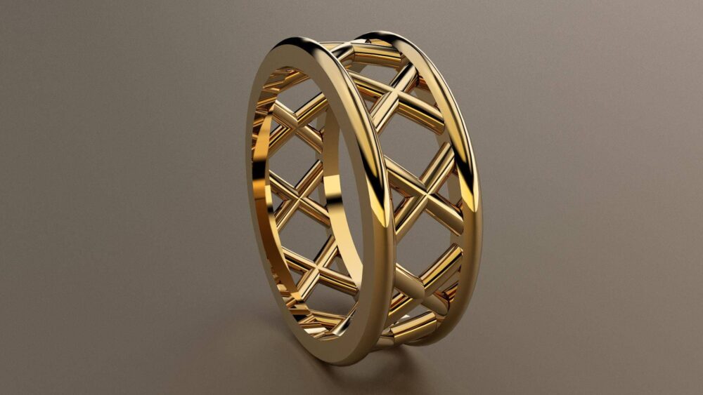 14Kt Yellow Gold 8mm Mens Wedding Band With Open Cross Bar Design, Ring Openess, Wide Unique Look