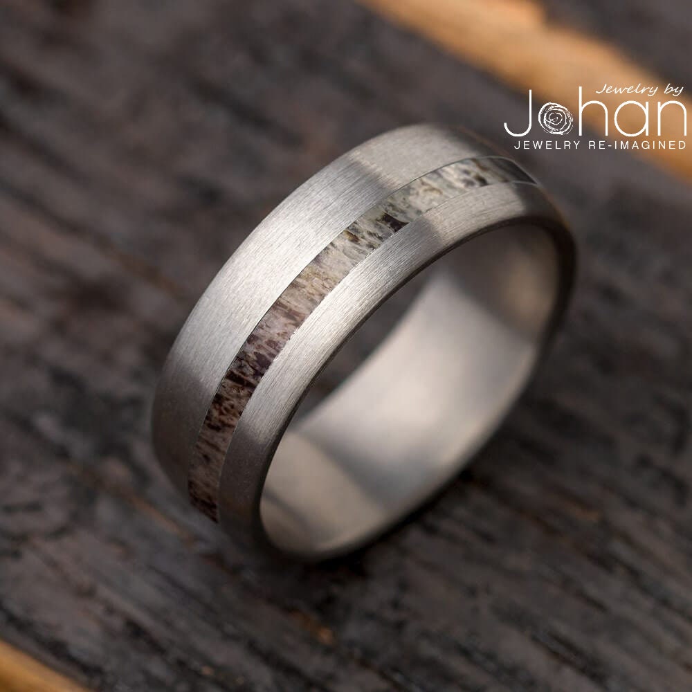 Simple Deer Antler Wedding Band in Brushed Titanium