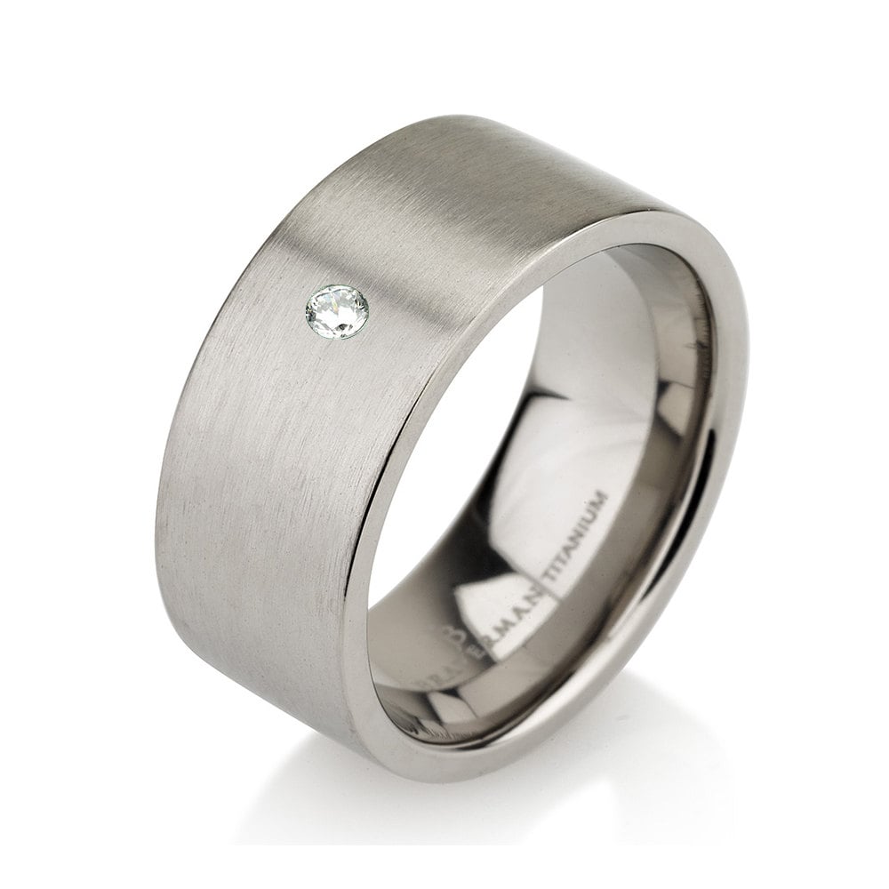Brushed Titanium Ring, Mens Wedding Band, Wide Band Unique White Diamond Ring