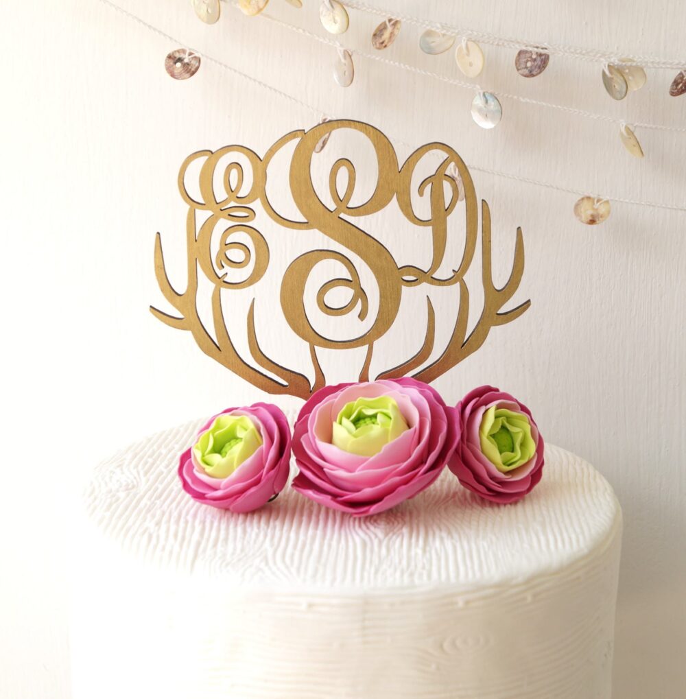 Monogram Cake Topper, Wedding Deer Antlers Gold Rustic Wooden Topper
