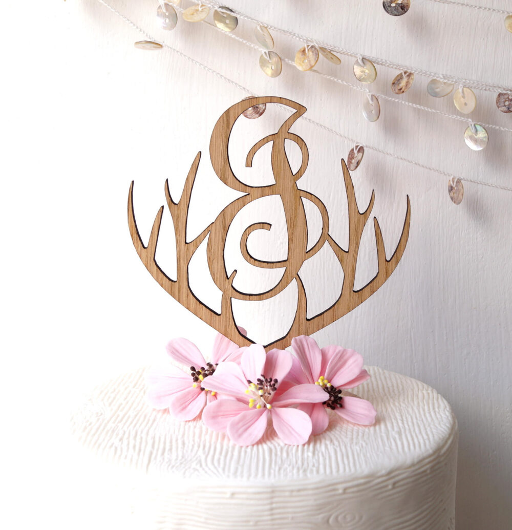 Wooden Monogram Cake Topper, Wedding Antlers Rustic Wooden Single Letter Decoration