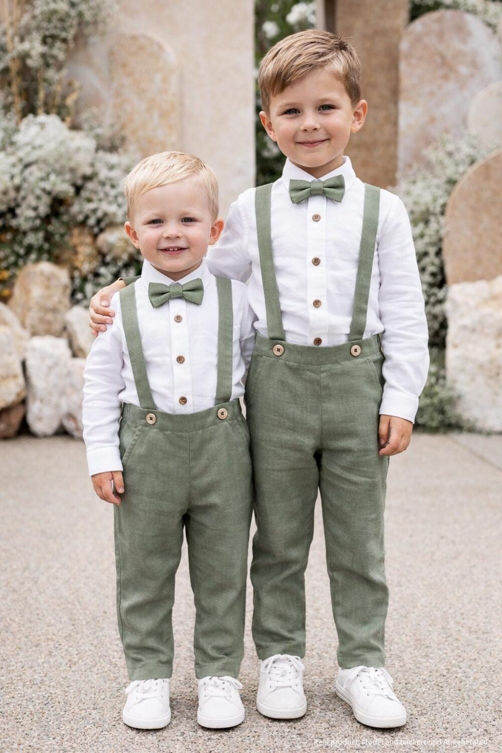 Baby Boy Baptism Outfit, Ring Bearer Suit, Wedding Flower Child Boys Suit -Smoke Green Linen Pants With Straps - Ready-To-Ship