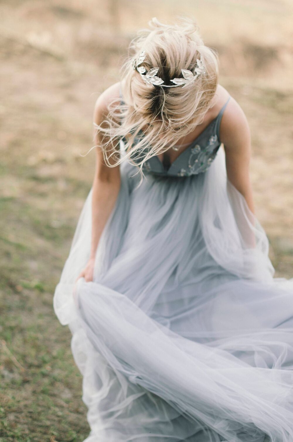 Blue Tulle Wedding Gown Spaghetti Strap Fairy Bridal Dress