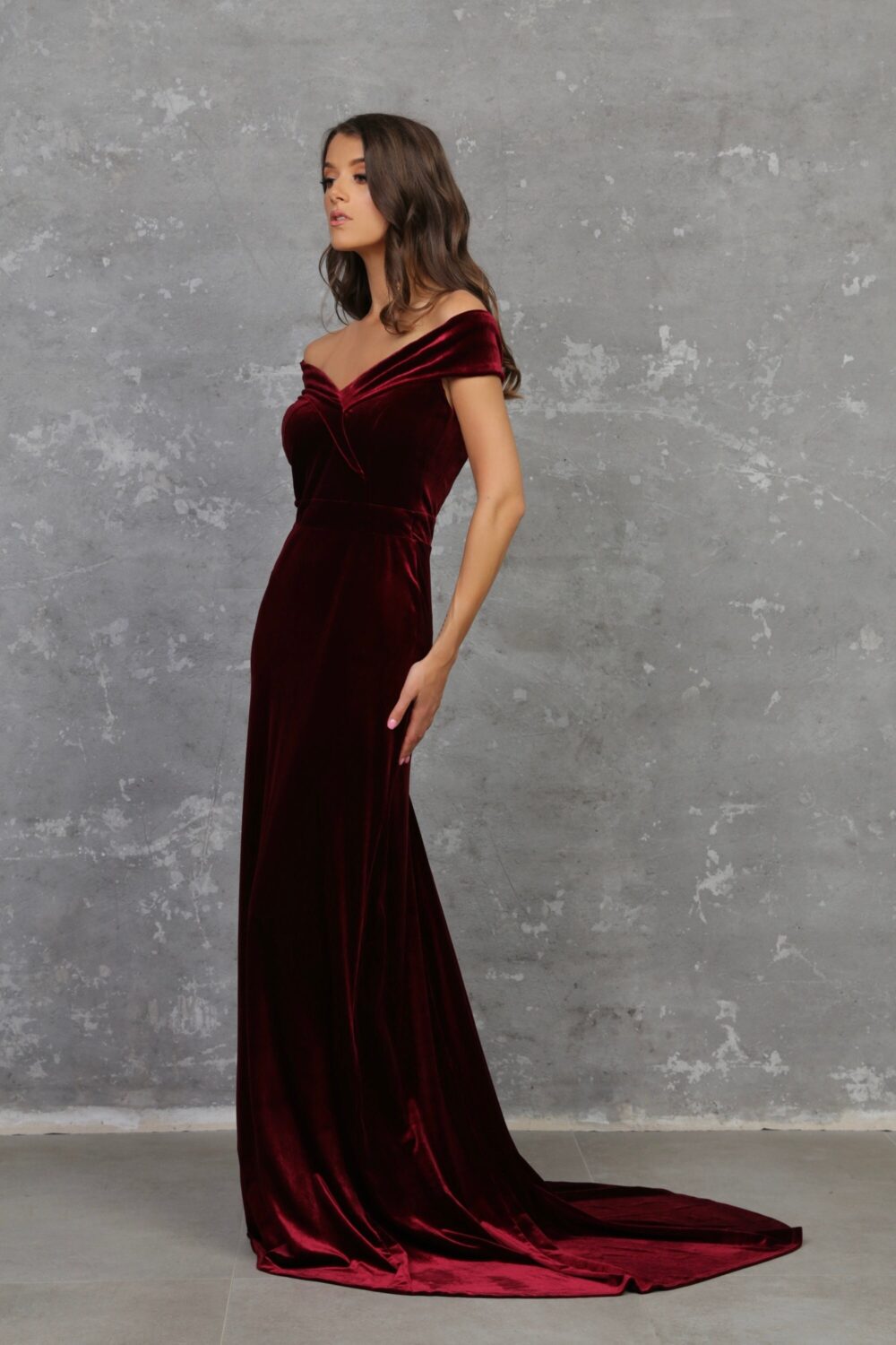 Velvet Mermaid Wedding Gown, Off Shoulder Burgundy Formal Dress