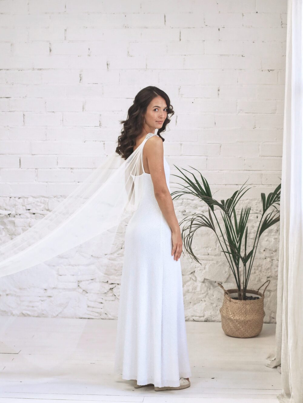 Luxurious Shiny Tulle Wedding Gown, Enchanting Dress With Detachable Veil Cape