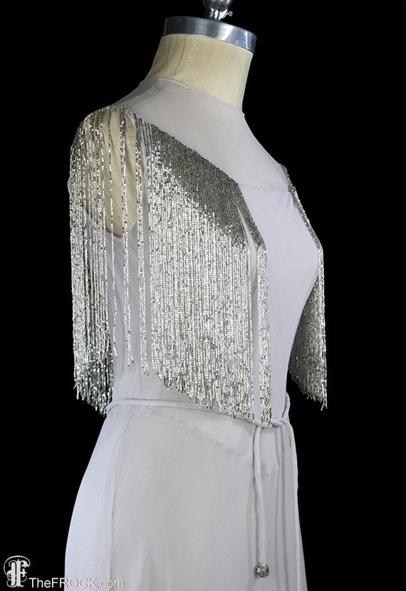 1930S Gown, Art Deco Beaded Fringe Silk Chiffon, Formal Evening Or Wedding, Silver Gray, Post Flapper Couture Dress, Sleeveless Belted