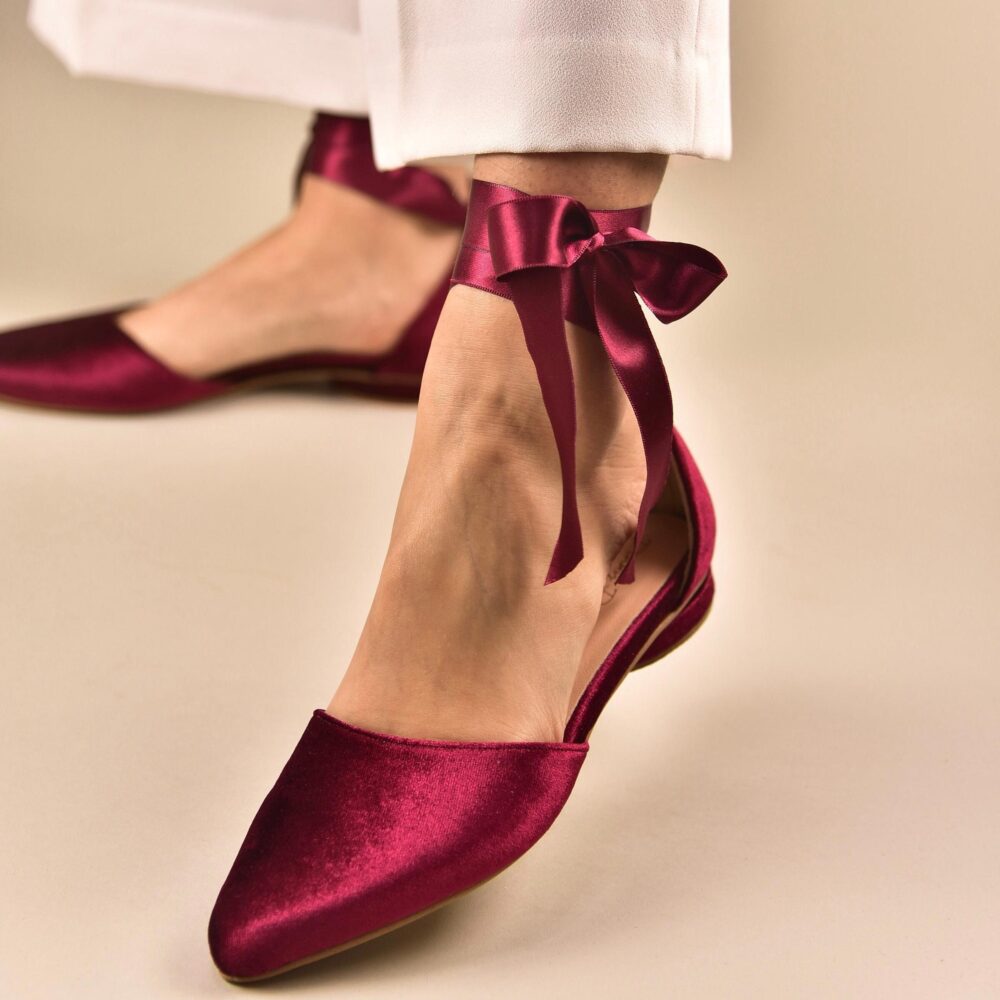 Burgundy Wedding Flats Handmade Bridal Shoes With Satin Ankle Straps