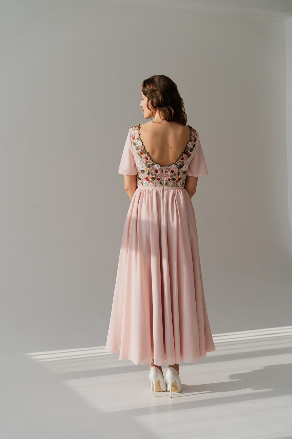 Pink Chiffon Wedding Dress, Blush Floral Embroidered Dress V Neck, Colorful Wildflower Unique