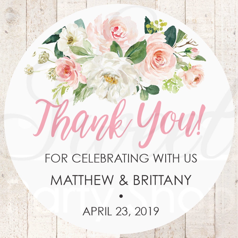 Wedding Favor Stickers, Thank You Sticker Labels, Bridal Shower Favors Pink Floral - Set Of 24 Stickers