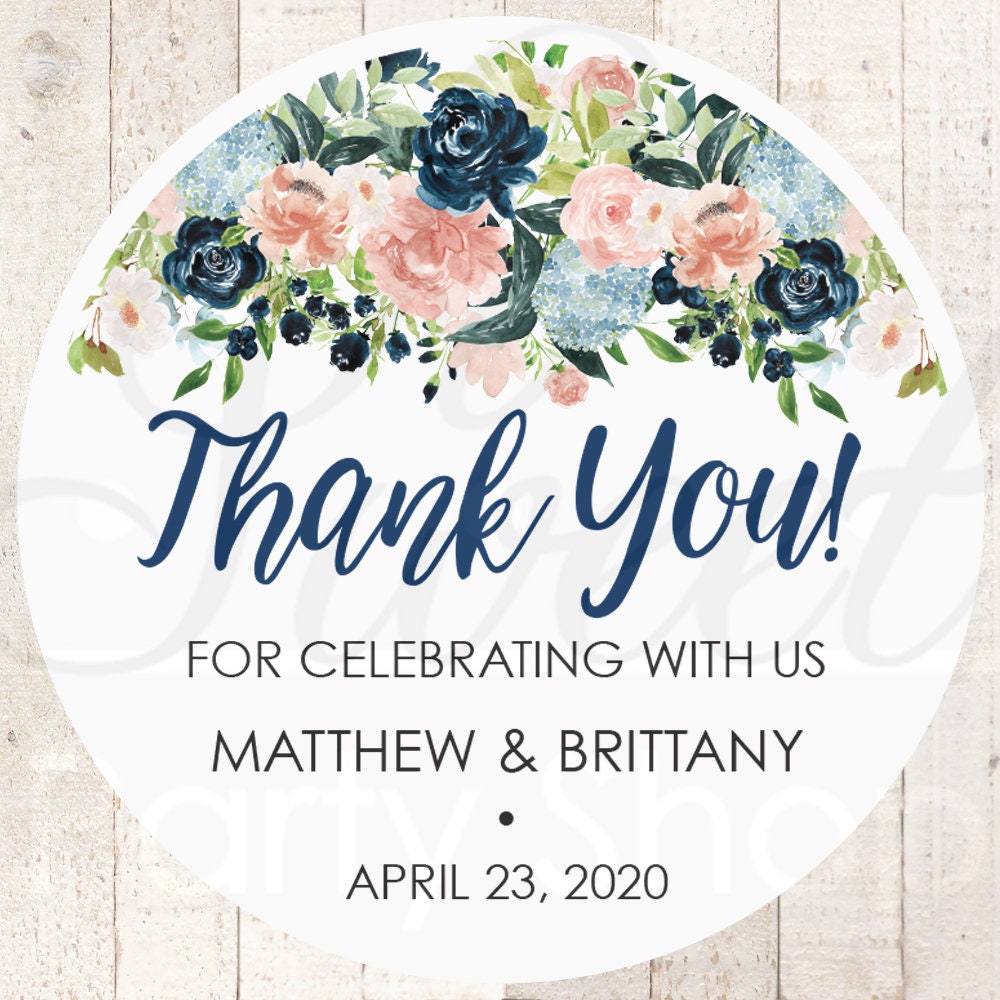 Wedding Favor Stickers, Thank You Sticker Labels, Bridal Shower Favors Navy Blue Pink Floral - Set Of 24
