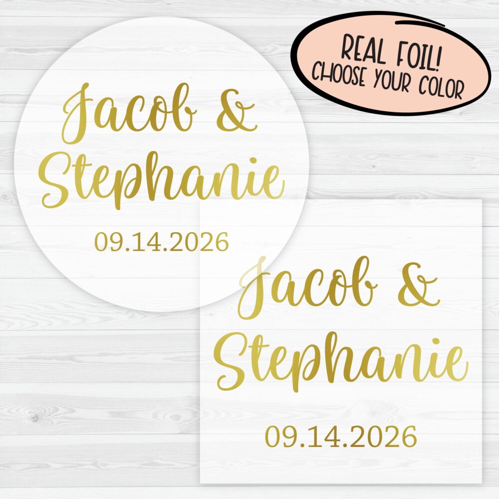 Printed Name Wedding Favor Stickers | Gold Foil On Clear Transparent Engagement Party 225-Cf