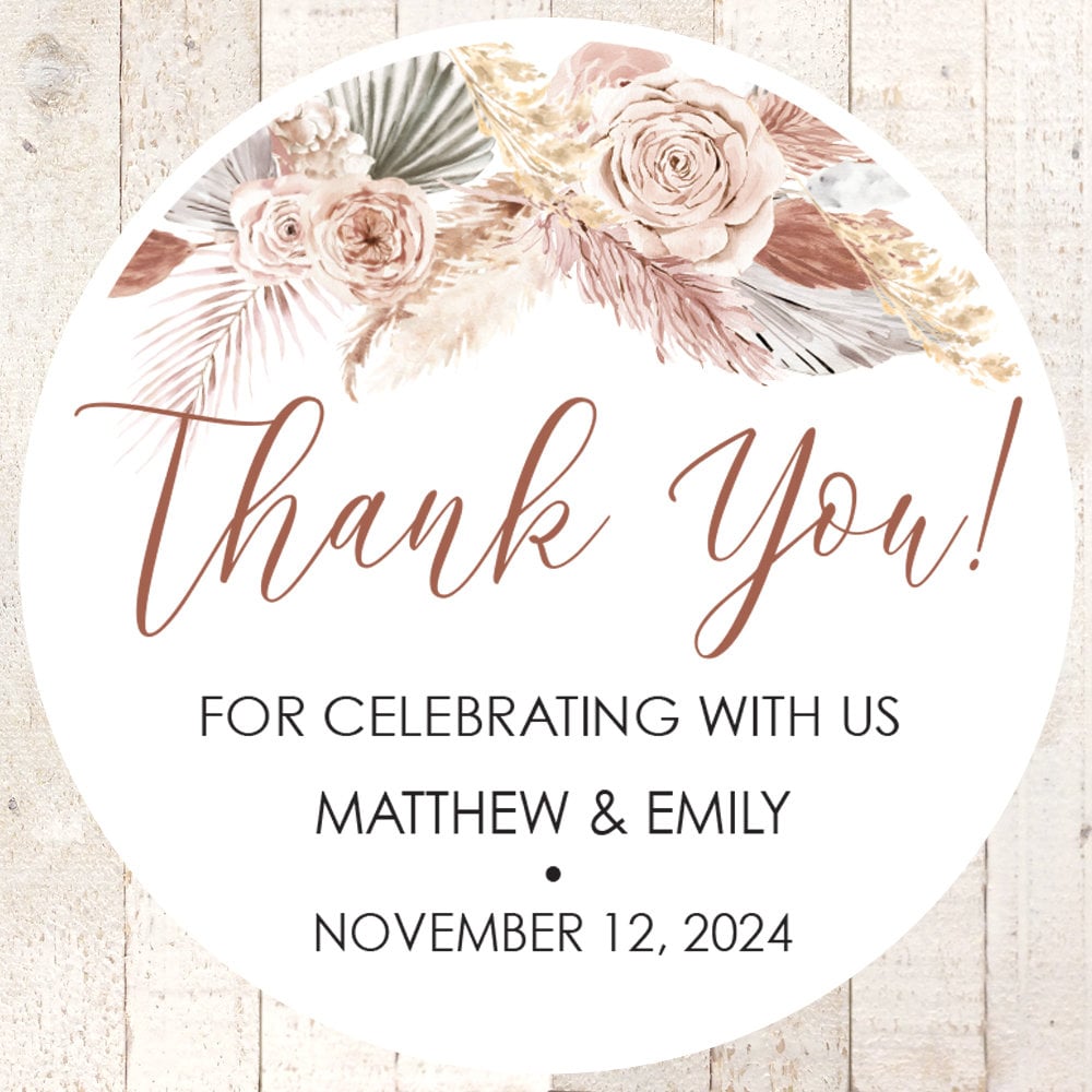 Wedding Favor Stickers Boho Floral Pampas Grass Thank You - Set Of 24