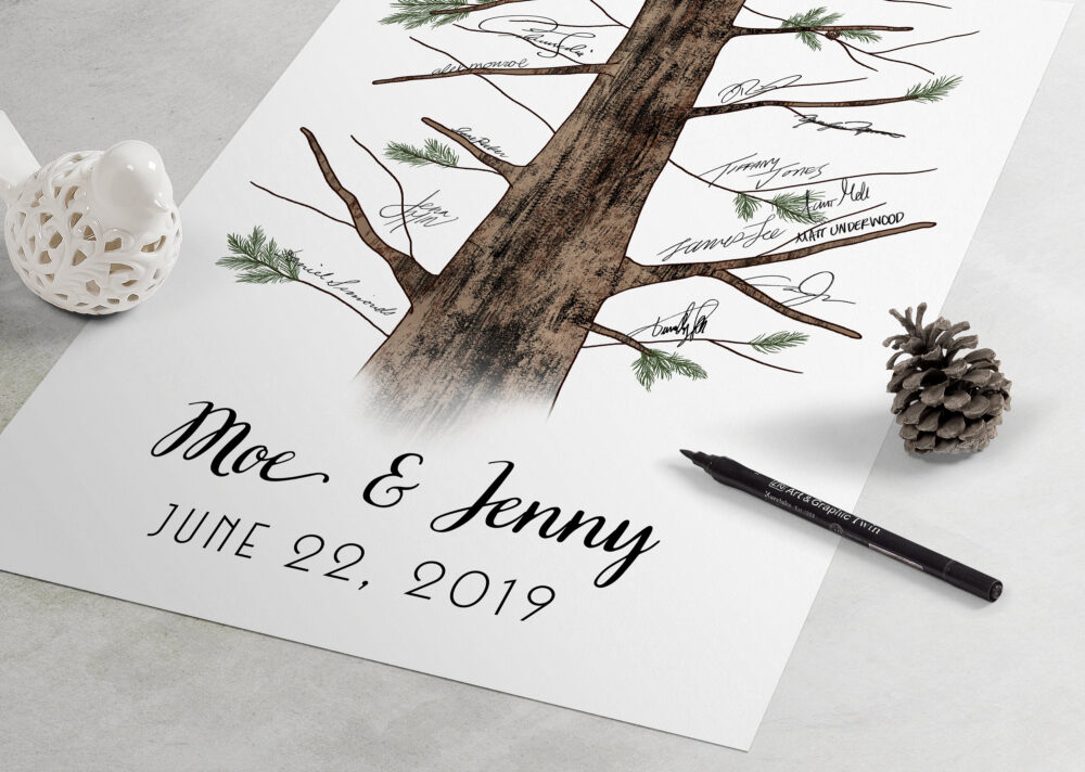 Pine Tree Wedding Guest Book Alternative - Fingerprint Tree, Personalized Giclee Print