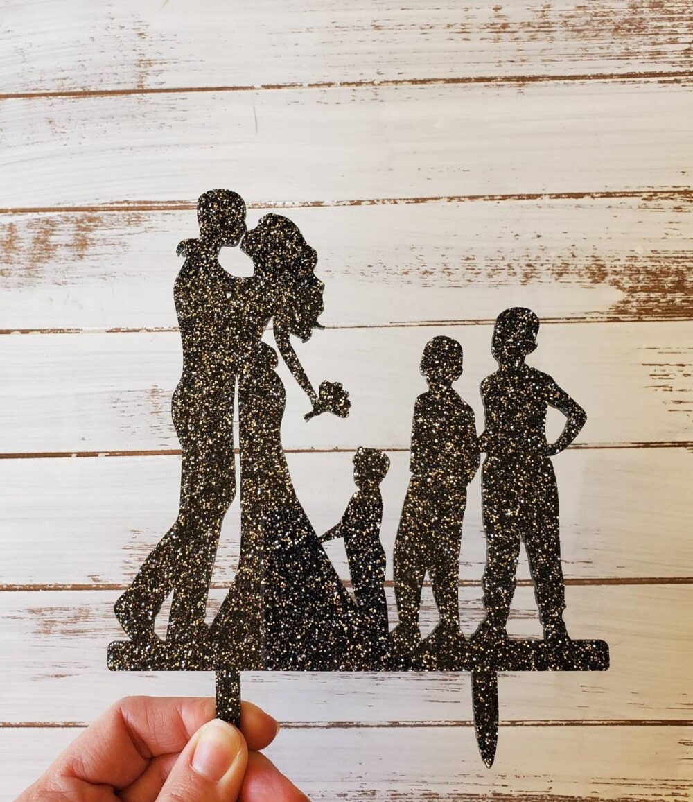 Blended Family Wedding Cake Topper, Wedding, Silhouette Cake, Topper With Boys, 3 Boys
