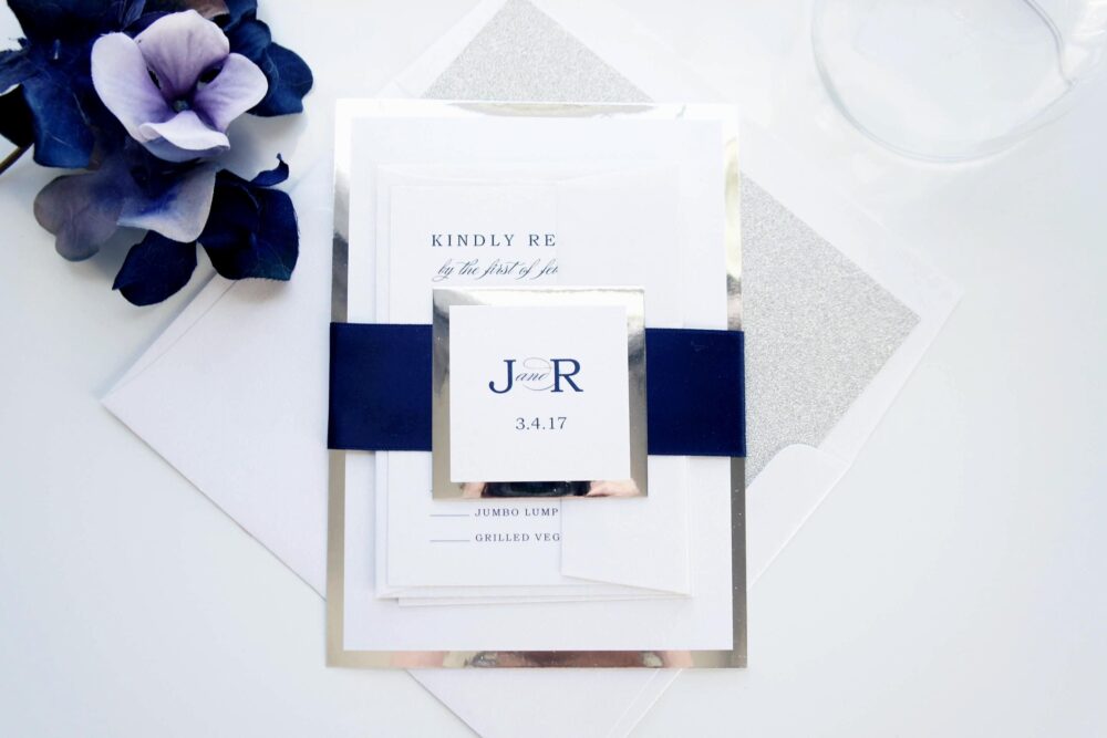 Navy Blue Wedding Invitation Silver Elegant Formal Suite Monogram Belly Band Sample