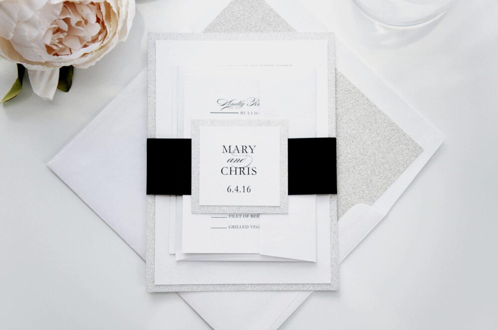 Black White Wedding Invitation Suite With Silver Glitter Belly Band - Formal Layered Design