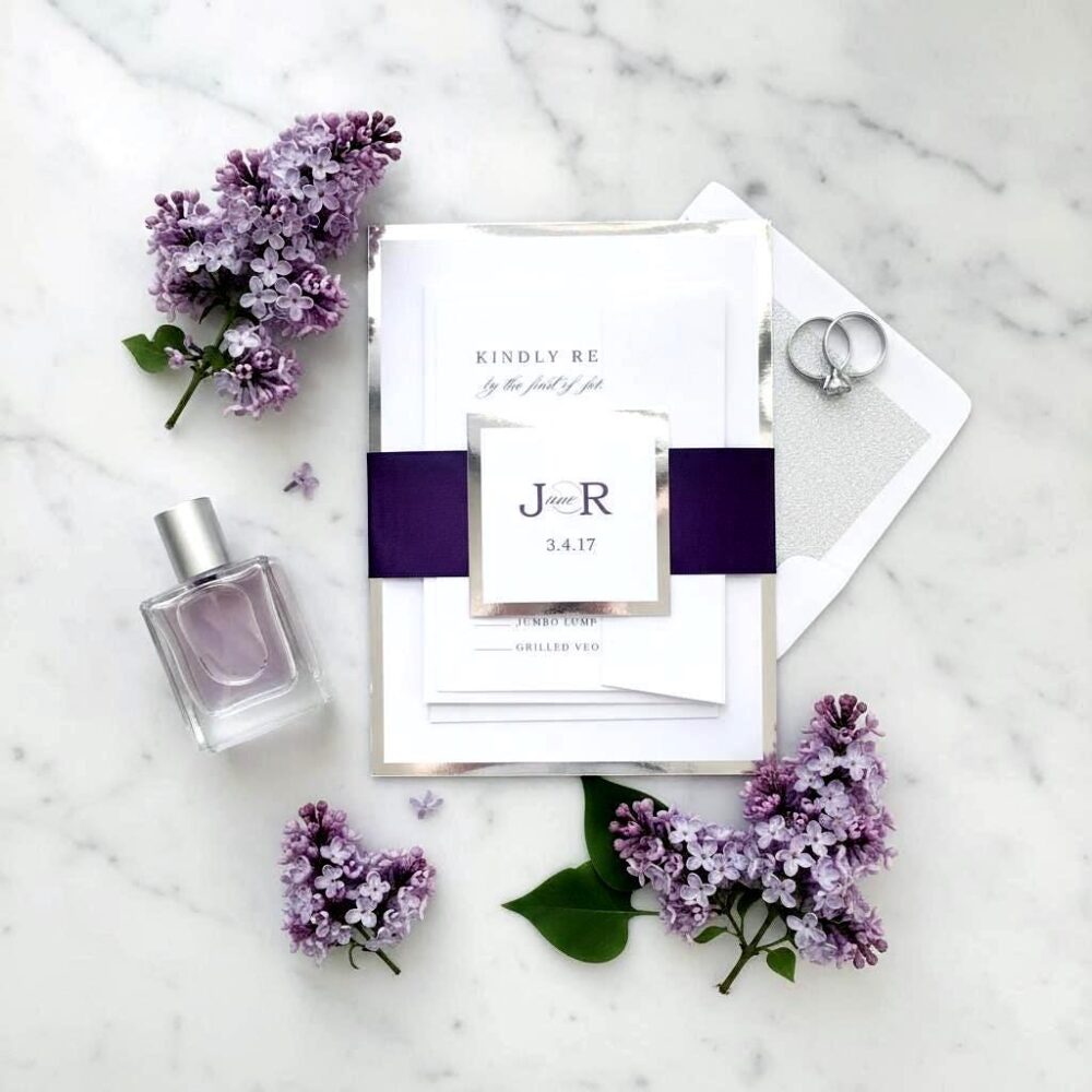 Plum Wedding Invitations Belly Band Silver Glitter Layered Invitation Suite Elegant Purple Sample