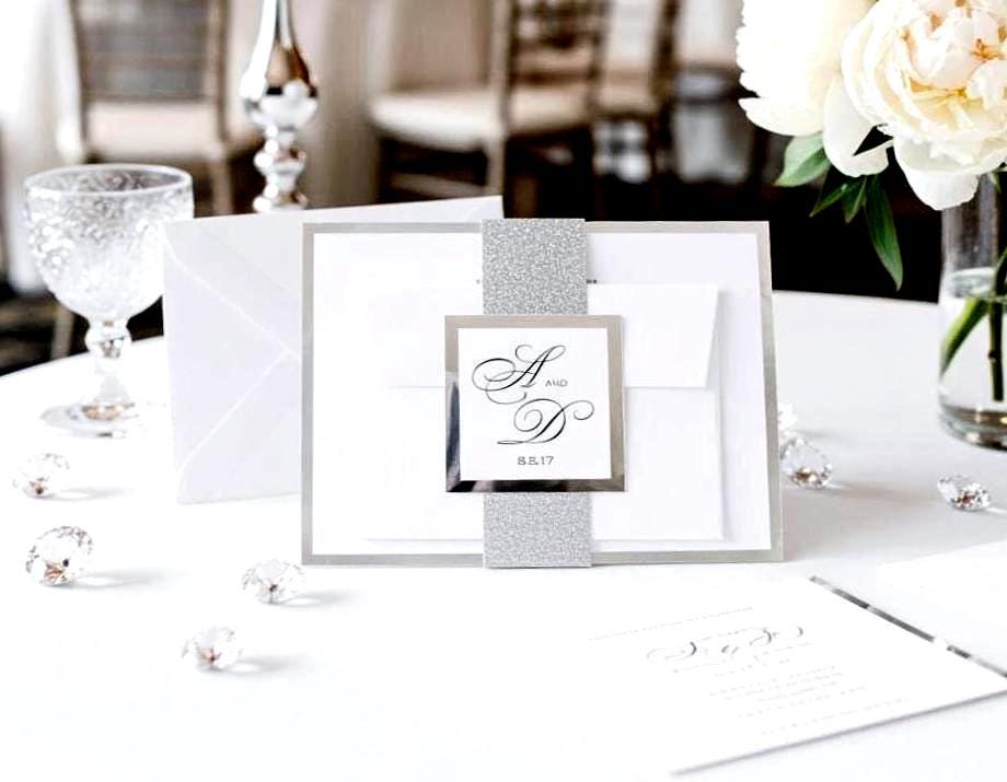 Silver Wedding Invitations Belly Band Glitter Layered Invitation Suite Modern Elegant Formal Sample