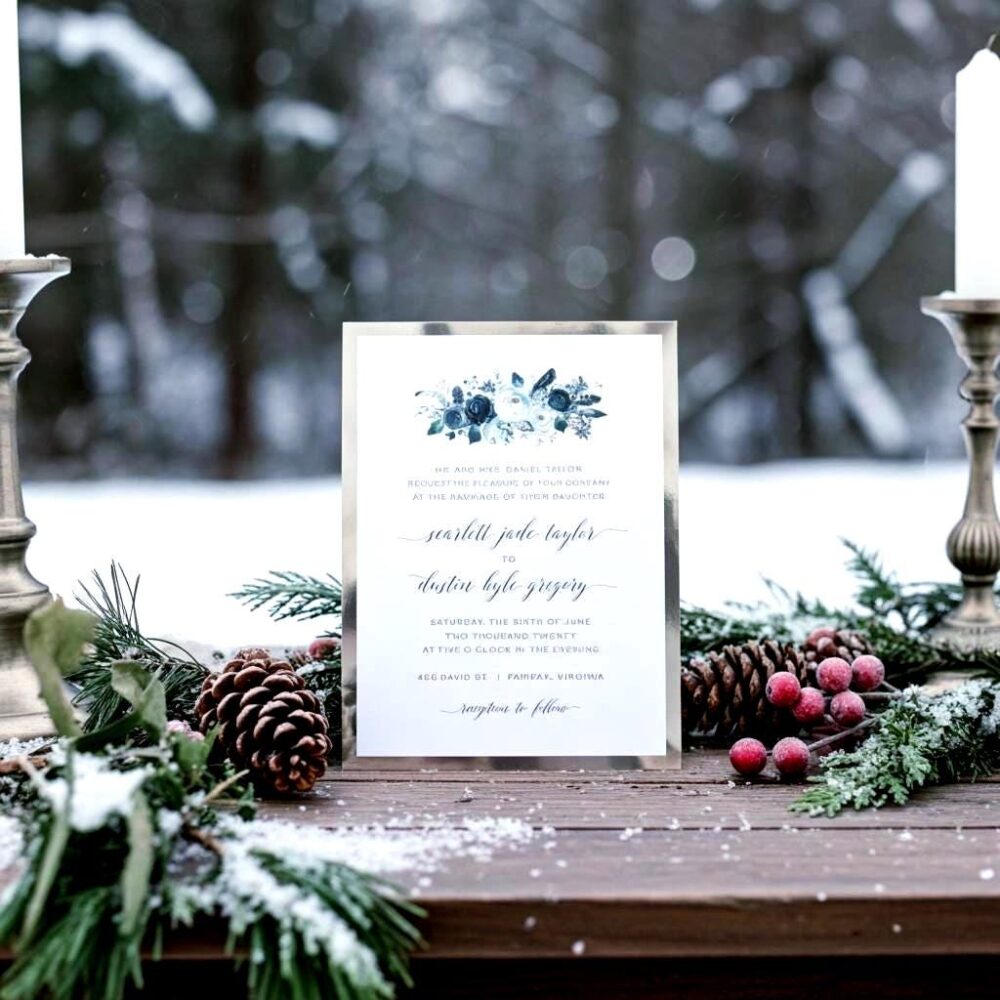 Blue Wedding Invitation Silver Elegant Winter Suite Floral Belly Band Sample