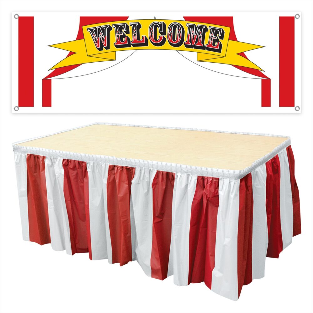 Vintage Circus Party Supplies - Photo Booth Props & Decorations | Large Carnival Banner Sign & Red White Striped Table Skirt
