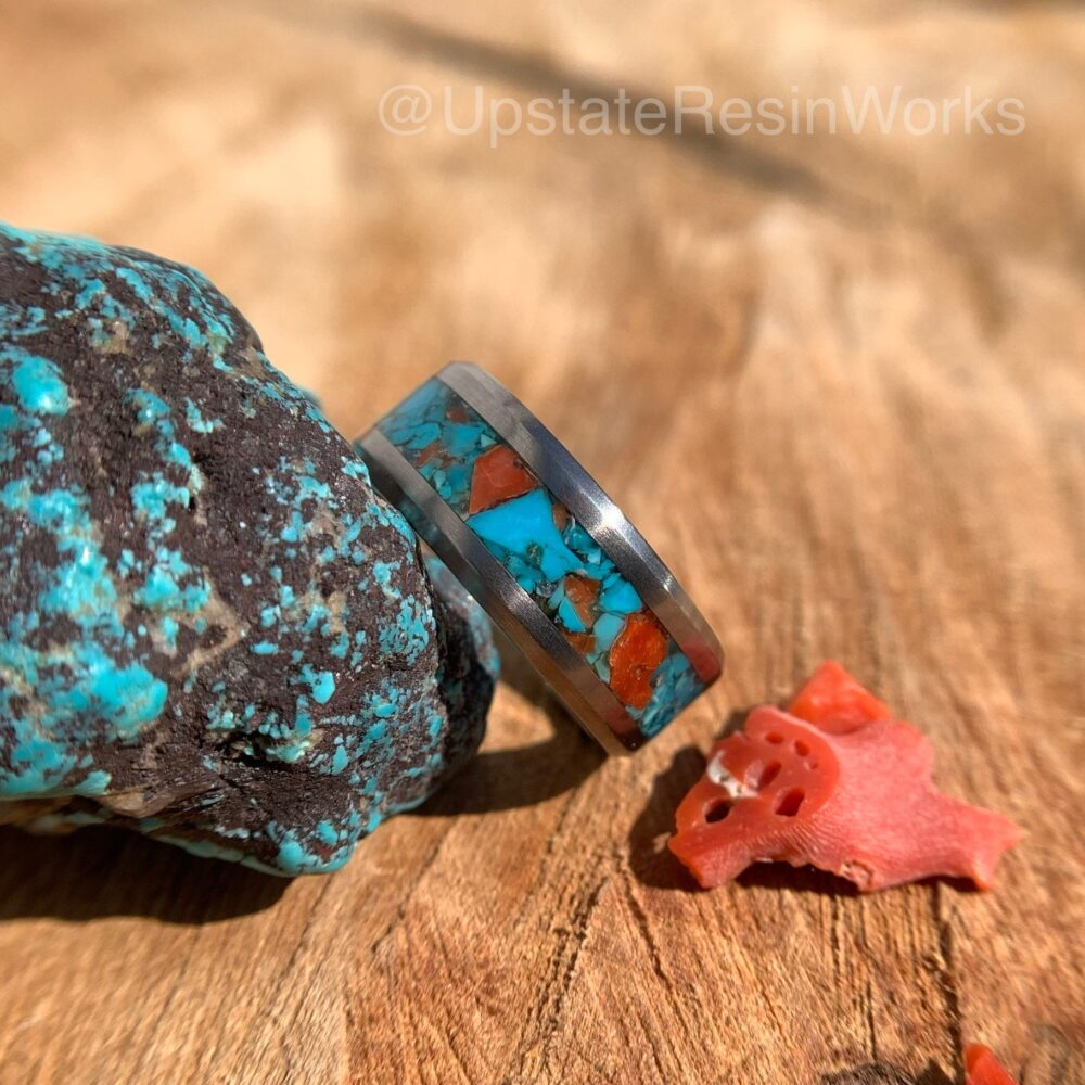 Turquoise & Red Coral Ring, Bisbee Turquoise, Blue Turquoise Band, Mens Womans Wedding Engagement Vow Renewal Ring