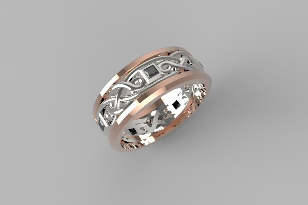 Celtic Band Ring, Black Diamonds Band, Wedding Ring, Viking Male Emeralds Knot Design Male Band