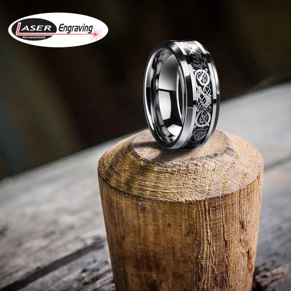 Engraved Tungsten Wedding Band, Dragon Celtic Knot Ring, Personalized Band