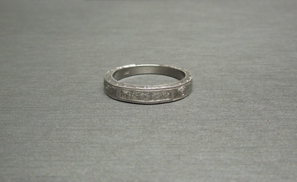 Unisex Vintage Estate Hand Engraved Platinum 0.50Tcw Square Radiant Cut Channel Diamond Wedding Band Sz 6.75