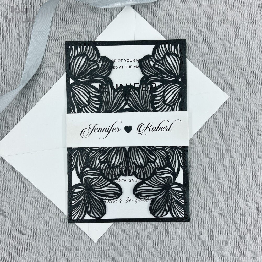 Black Laser Cut Wedding Invitations Floral Flower Elegant Invites Quinceanera Sweet 16 Invitation