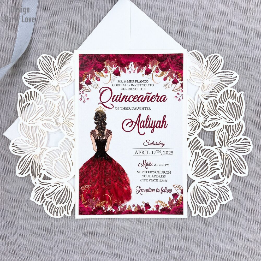Ivory Laser Cut Wedding Invitations Floral Flower Elegant Invites Quinceanera Sweet 16 Invitation