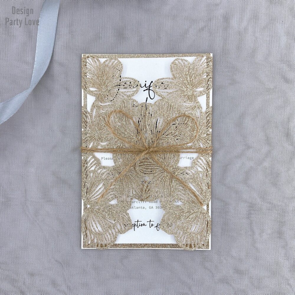 Glitter Rose Gold Laser Cut Wedding Invitations Floral Flower Elegant Invites Quinceanera Sweet 16 Invitation