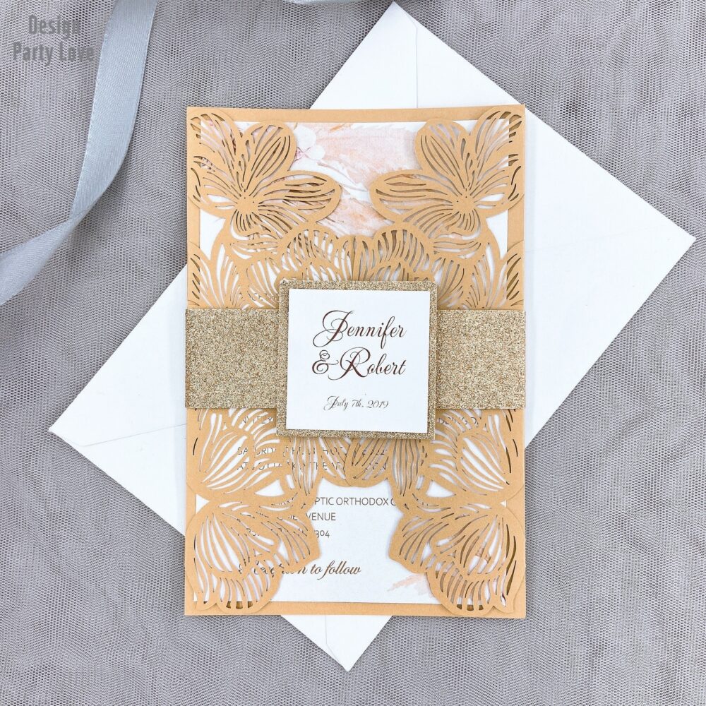 Dark Gold Laser Cut Wedding Invitations Floral Flower Elegant Invites Quinceanera Sweet 16 Invitation