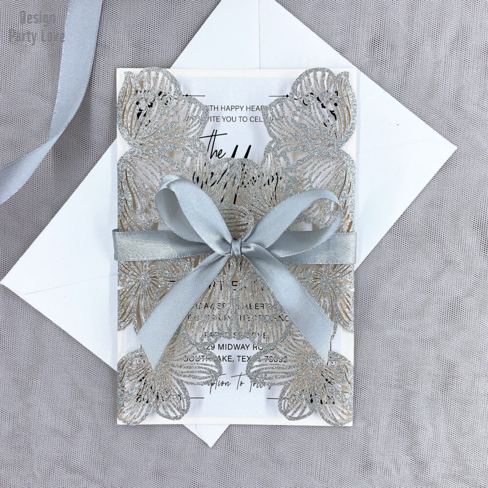 Glitter Silver Laser Cut Wedding Invitations Floral Flower Elegant Invites Quinceanera Sweet 16 Invitation