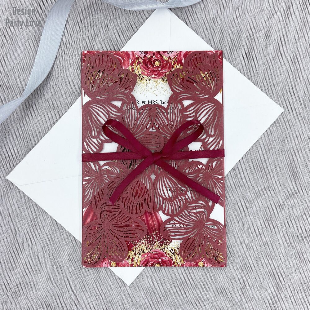 Burgundy Laser Cut Wedding Invitations Floral Flower Elegant Invites Quinceanera Sweet 16 Invitation