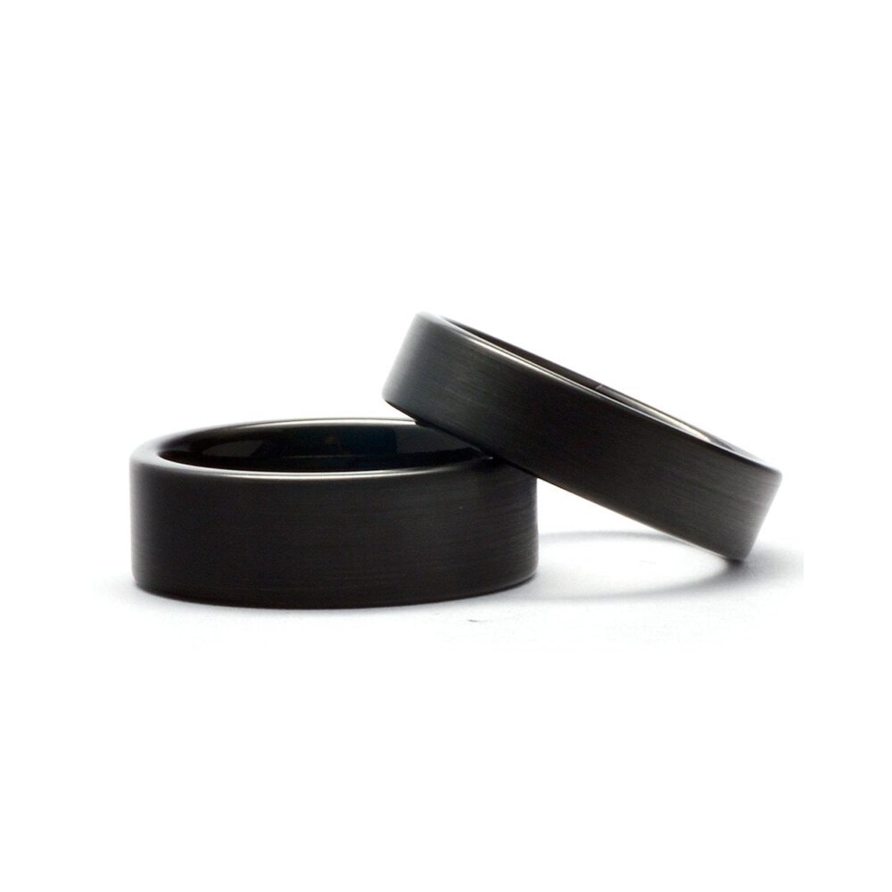 Black Wedding Band Set His & Hers Couple Rings, Tungsten Rings For Couples
