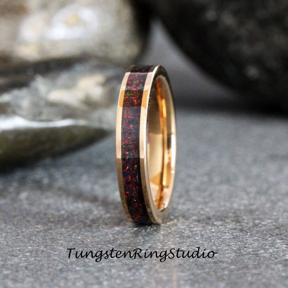 Black Opal Rose Gold Tungsten Wedding Ring Band 4mm Anniversary Gift For Her Dainty Thin